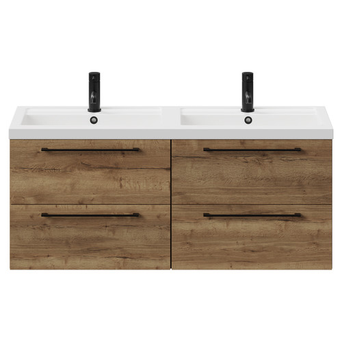 Napoli Tobacco Oak 1200mm Wall Mounted Vanity Unit with Polymarble Double Basin and 4 Drawers with Matt Black Handles View from Front