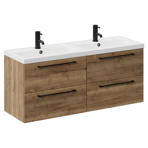 Napoli Tobacco Oak 1200mm Wall Mounted Vanity Unit with Polymarble Double Basin and 4 Drawers with Matt Black Handles Left Hand View