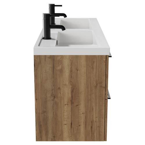 Napoli Tobacco Oak 1200mm Wall Mounted Vanity Unit with Polymarble Double Basin and 4 Drawers with Matt Black Handles View from Side