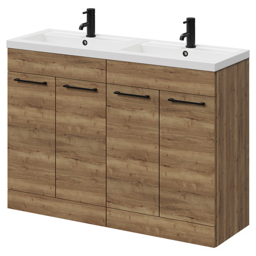Napoli Tobacco Oak 1200mm Floor Standing Vanity Unit with Polymarble Double Basin and 4 Doors with Matt Black Handles Right Hand View