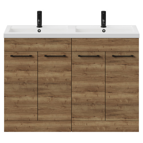 Napoli Tobacco Oak 1200mm Floor Standing Vanity Unit with Polymarble Double Basin and 4 Doors with Matt Black Handles View from Front