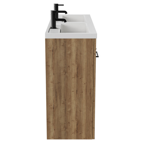 Napoli Tobacco Oak 1200mm Floor Standing Vanity Unit with Polymarble Double Basin and 4 Doors with Matt Black Handles View from Side