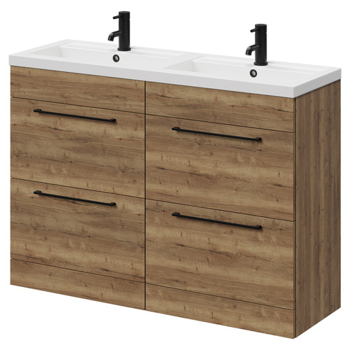 Napoli Tobacco Oak 1200mm Floor Standing Vanity Unit with Polymarble Double Basin and 4 Drawers with Matt Black Handles Right Hand View