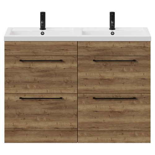 Napoli Tobacco Oak 1200mm Floor Standing Vanity Unit with Polymarble Double Basin and 4 Drawers with Matt Black Handles View from Front