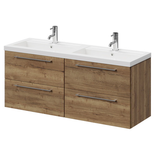 Napoli Tobacco Oak 1200mm Wall Mounted Vanity Unit with Polymarble Double Basin and 4 Drawers with Chrome Handles Right Hand View