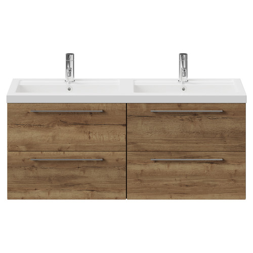 Napoli Tobacco Oak 1200mm Wall Mounted Vanity Unit with Polymarble Double Basin and 4 Drawers with Chrome Handles View from Front