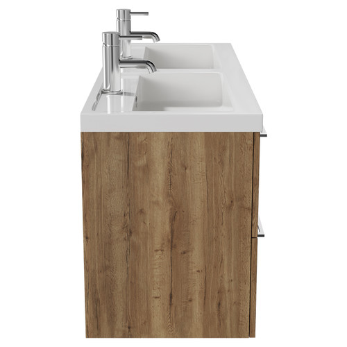 Napoli Tobacco Oak 1200mm Wall Mounted Vanity Unit with Polymarble Double Basin and 4 Drawers with Chrome Handles View from Side