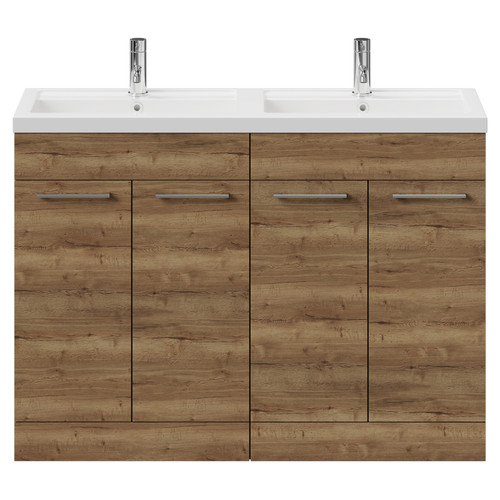 Napoli Tobacco Oak 1200mm Floor Standing Vanity Unit with Polymarble Double Basin and 4 Doors with Chrome Handles View from Front