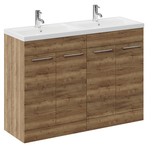 Napoli Tobacco Oak 1200mm Floor Standing Vanity Unit with Polymarble Double Basin and 4 Doors with Chrome Handles Left Hand View