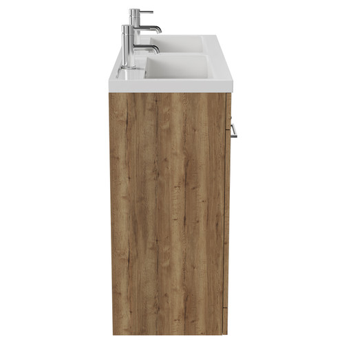 Napoli Tobacco Oak 1200mm Floor Standing Vanity Unit with Polymarble Double Basin and 4 Doors with Chrome Handles View from Side