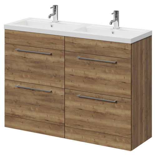 Napoli Tobacco Oak 1200mm Floor Standing Vanity Unit with Polymarble Double Basin and 4 Drawers with Chrome Handles Right Hand View