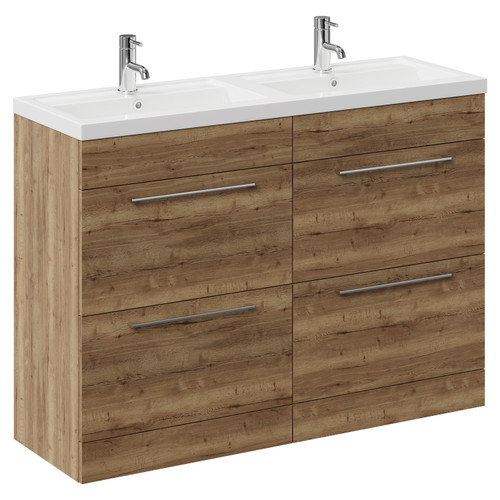Napoli Tobacco Oak 1200mm Floor Standing Vanity Unit with Polymarble Double Basin and 4 Drawers with Chrome Handles Left Hand View