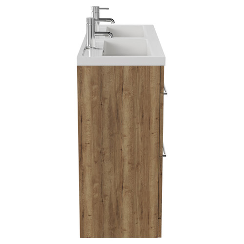 Napoli Tobacco Oak 1200mm Floor Standing Vanity Unit with Polymarble Double Basin and 4 Drawers with Chrome Handles View from Side