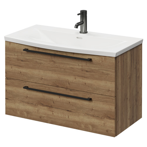 Napoli Tobacco Oak 800mm Wall Mounted Vanity Unit with 1 Tap Hole Curved Basin and 2 Drawers with Gunmetal Grey Handles Right Hand View