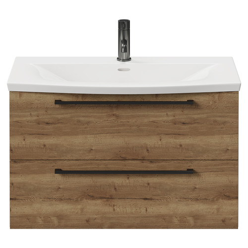 Napoli Tobacco Oak 800mm Wall Mounted Vanity Unit with 1 Tap Hole Curved Basin and 2 Drawers with Gunmetal Grey Handles View from Front