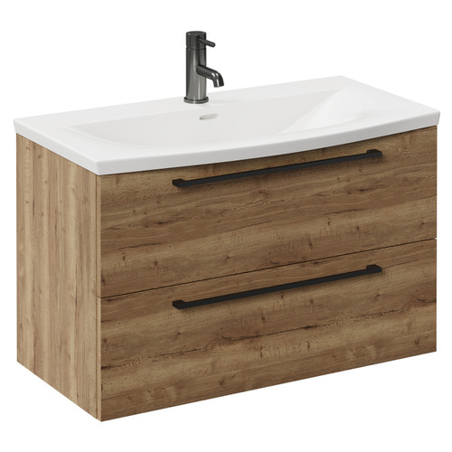 Napoli Tobacco Oak 800mm Wall Mounted Vanity Unit with 1 Tap Hole Curved Basin and 2 Drawers with Gunmetal Grey Handles Left Hand View