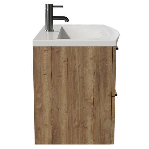 Napoli Tobacco Oak 800mm Wall Mounted Vanity Unit with 1 Tap Hole Curved Basin and 2 Drawers with Gunmetal Grey Handles View from Side