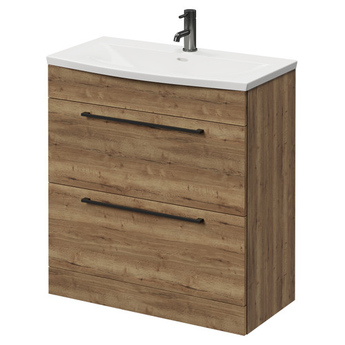 Napoli Tobacco Oak 800mm Floor Standing Vanity Unit with 1 Tap Hole Curved Basin and 2 Drawers with Gunmetal Grey Handles Right Hand View