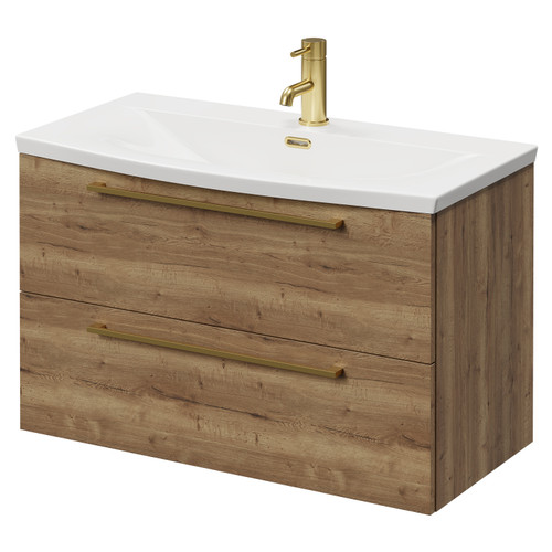 Napoli Tobacco Oak 800mm Wall Mounted Vanity Unit with 1 Tap Hole Curved Basin and 2 Drawers with Brushed Brass Handles Right Hand View