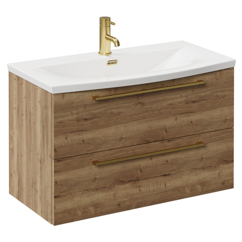 Napoli Tobacco Oak 800mm Wall Mounted Vanity Unit with 1 Tap Hole Curved Basin and 2 Drawers with Brushed Brass Handles Left Hand View