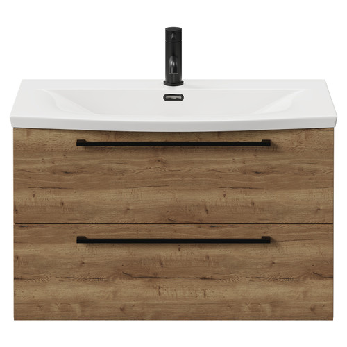 Napoli Tobacco Oak 800mm Wall Mounted Vanity Unit with 1 Tap Hole Curved Basin and 2 Drawers with Matt Black Handles View from Front