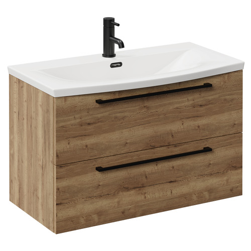 Napoli Tobacco Oak 800mm Wall Mounted Vanity Unit with 1 Tap Hole Curved Basin and 2 Drawers with Matt Black Handles Left Hand View