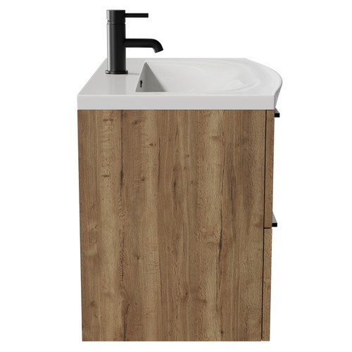 Napoli Tobacco Oak 800mm Wall Mounted Vanity Unit with 1 Tap Hole Curved Basin and 2 Drawers with Matt Black Handles View from Side