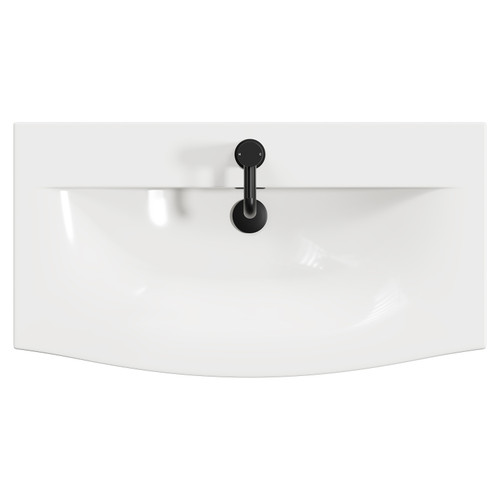 Napoli Tobacco Oak 800mm Wall Mounted Vanity Unit with 1 Tap Hole Curved Basin and 2 Drawers with Matt Black Handles View from Top