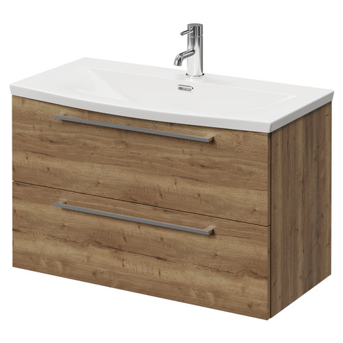Napoli Tobacco Oak 800mm Wall Mounted Vanity Unit with 1 Tap Hole Curved Basin and 2 Drawers with Chrome Handles Right Hand View