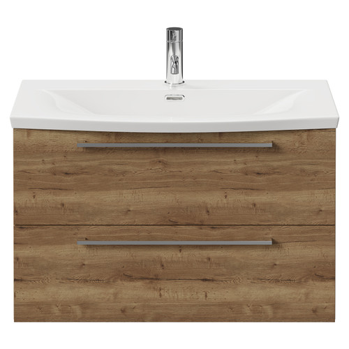 Napoli Tobacco Oak 800mm Wall Mounted Vanity Unit with 1 Tap Hole Curved Basin and 2 Drawers with Chrome Handles View from Front