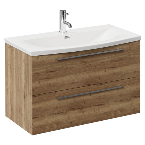 Napoli Tobacco Oak 800mm Wall Mounted Vanity Unit with 1 Tap Hole Curved Basin and 2 Drawers with Chrome Handles Left Hand View
