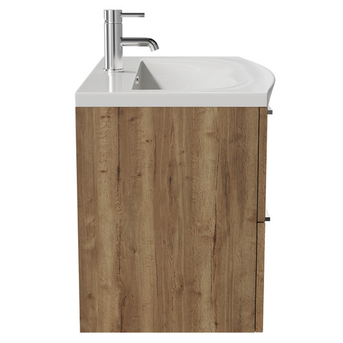 Napoli Tobacco Oak 800mm Wall Mounted Vanity Unit with 1 Tap Hole Curved Basin and 2 Drawers with Chrome Handles View from Side