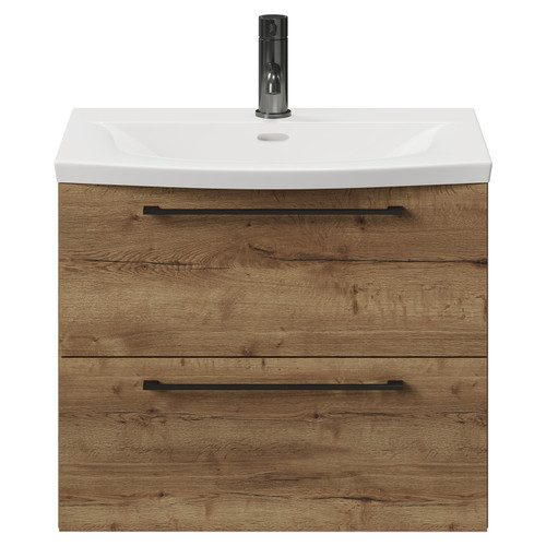 Napoli Tobacco Oak 600mm Wall Mounted Vanity Unit with 1 Tap Hole Curved Basin and 2 Drawers with Gunmetal Grey Handles View from Front