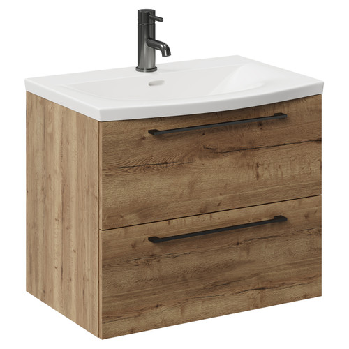 Napoli Tobacco Oak 600mm Wall Mounted Vanity Unit with 1 Tap Hole Curved Basin and 2 Drawers with Gunmetal Grey Handles Left Hand View