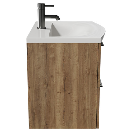 Napoli Tobacco Oak 600mm Wall Mounted Vanity Unit with 1 Tap Hole Curved Basin and 2 Drawers with Gunmetal Grey Handles View from Side