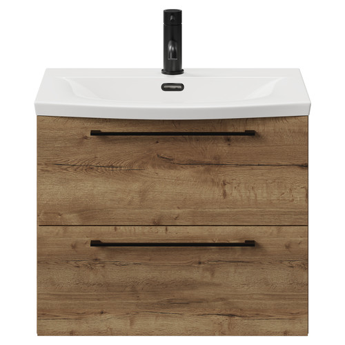 Napoli Tobacco Oak 600mm Wall Mounted Vanity Unit with 1 Tap Hole Curved Basin and 2 Drawers with Matt Black Handles View from Front