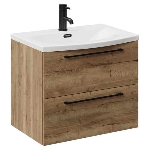Napoli Tobacco Oak 600mm Wall Mounted Vanity Unit with 1 Tap Hole Curved Basin and 2 Drawers with Matt Black Handles Left Hand View