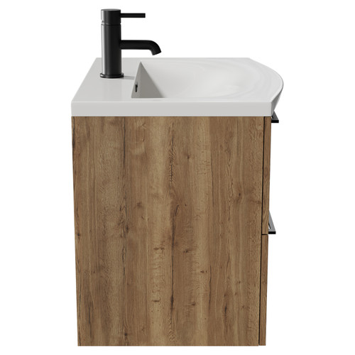 Napoli Tobacco Oak 600mm Wall Mounted Vanity Unit with 1 Tap Hole Curved Basin and 2 Drawers with Matt Black Handles View from Side