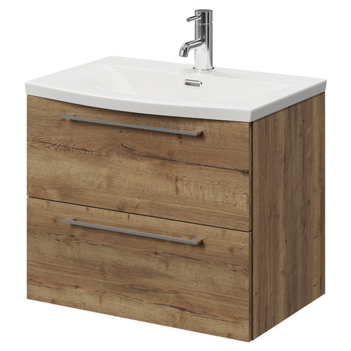 Napoli Tobacco Oak 600mm Wall Mounted Vanity Unit with 1 Tap Hole Curved Basin and 2 Drawers with Chrome Handles Right Hand View