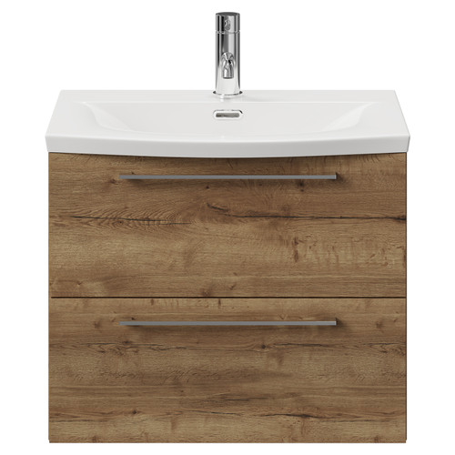 Napoli Tobacco Oak 600mm Wall Mounted Vanity Unit with 1 Tap Hole Curved Basin and 2 Drawers with Chrome Handles View from Front