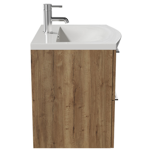 Napoli Tobacco Oak 600mm Wall Mounted Vanity Unit with 1 Tap Hole Curved Basin and 2 Drawers with Chrome Handles View from Side