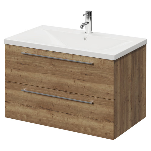 Napoli Tobacco Oak 800mm Wall Mounted Vanity Unit with 1 Tap Hole Glide Basin and 2 Drawers with Chrome Handles Right Hand View