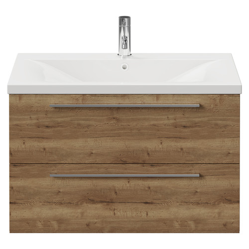 Napoli Tobacco Oak 800mm Wall Mounted Vanity Unit with 1 Tap Hole Glide Basin and 2 Drawers with Chrome Handles View from Front