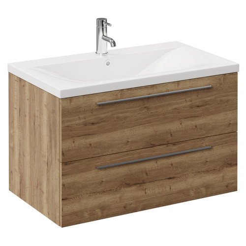 Napoli Tobacco Oak 800mm Wall Mounted Vanity Unit with 1 Tap Hole Glide Basin and 2 Drawers with Chrome Handles Left Hand View