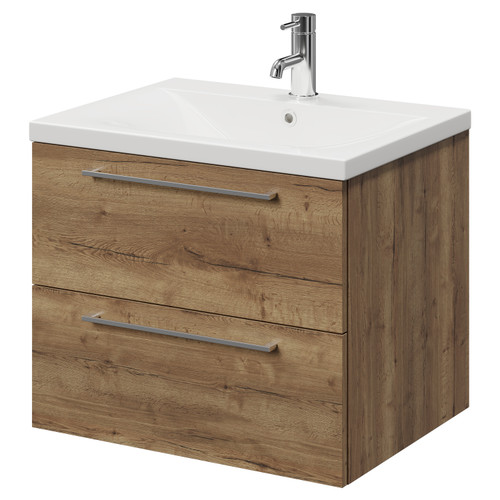 Napoli Tobacco Oak 600mm Wall Mounted Vanity Unit with 1 Tap Hole Glide Basin and 2 Drawers with Chrome Handles Right Hand View