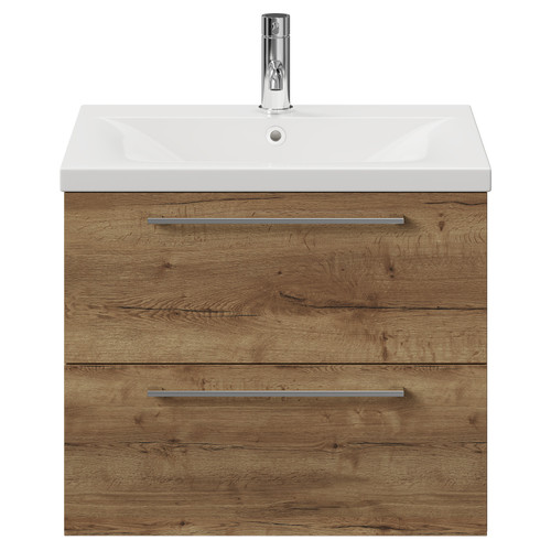 Napoli Tobacco Oak 600mm Wall Mounted Vanity Unit with 1 Tap Hole Glide Basin and 2 Drawers with Chrome Handles View from Front