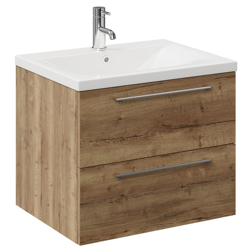 Napoli Tobacco Oak 600mm Wall Mounted Vanity Unit with 1 Tap Hole Glide Basin and 2 Drawers with Chrome Handles Left Hand View
