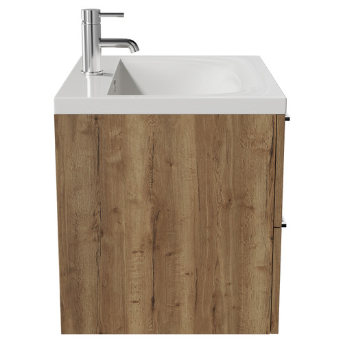 Napoli Tobacco Oak 600mm Wall Mounted Vanity Unit with 1 Tap Hole Glide Basin and 2 Drawers with Chrome Handles View from Side