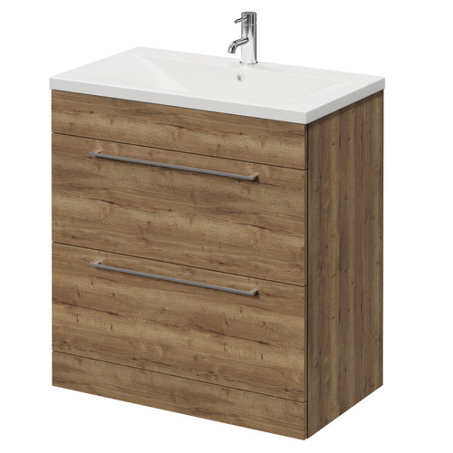 Napoli Tobacco Oak 800mm Floor Standing Vanity Unit with 1 Tap Hole Glide Basin and 2 Drawers with Chrome Handles Right Hand View
