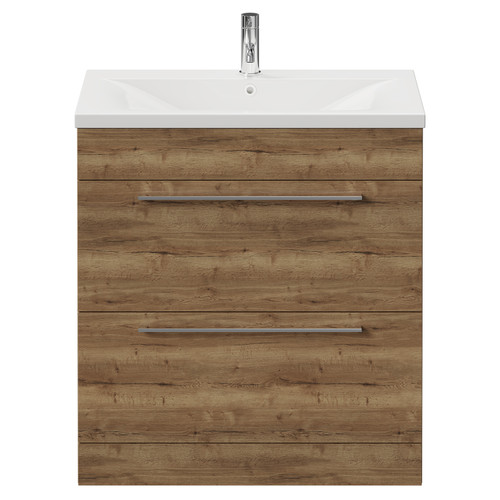 Napoli Tobacco Oak 800mm Floor Standing Vanity Unit with 1 Tap Hole Glide Basin and 2 Drawers with Chrome Handles View from Front
